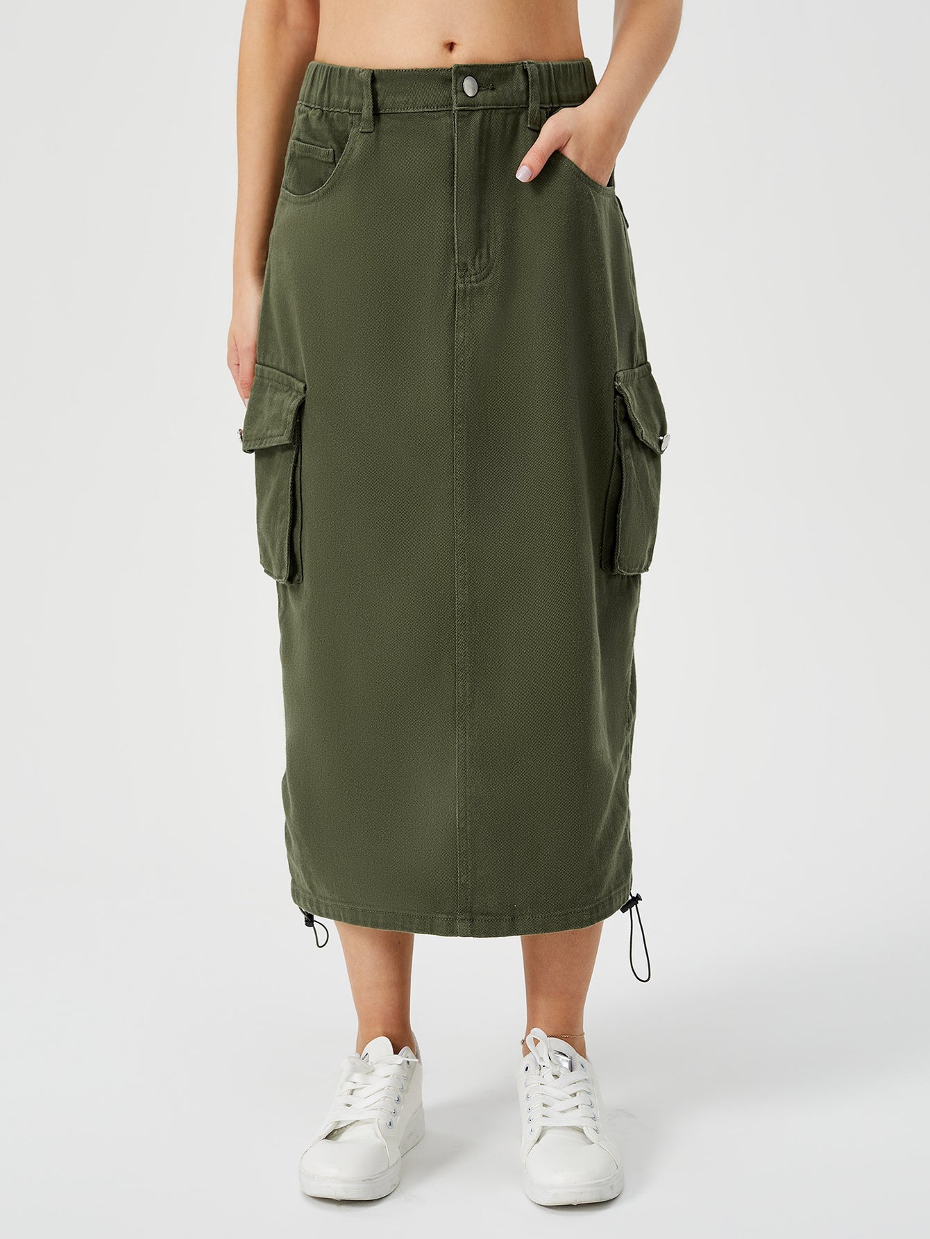 Amelia – Langer Cargo-Rock für Damen mit hohem Bund und Frontschlitz