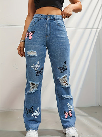 Wendy – Hooggetailleerde Jeans met Vlinderprint