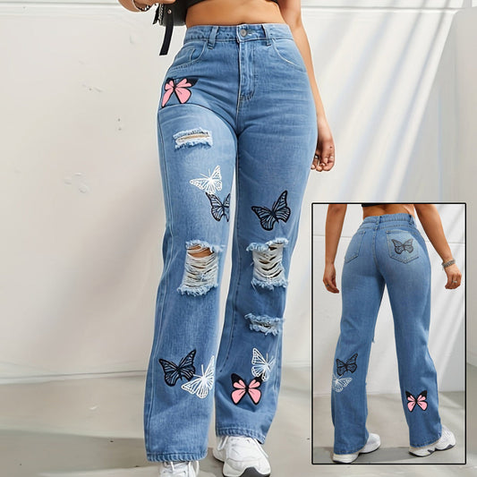 Wendy – Hooggetailleerde Jeans met Vlinderprint